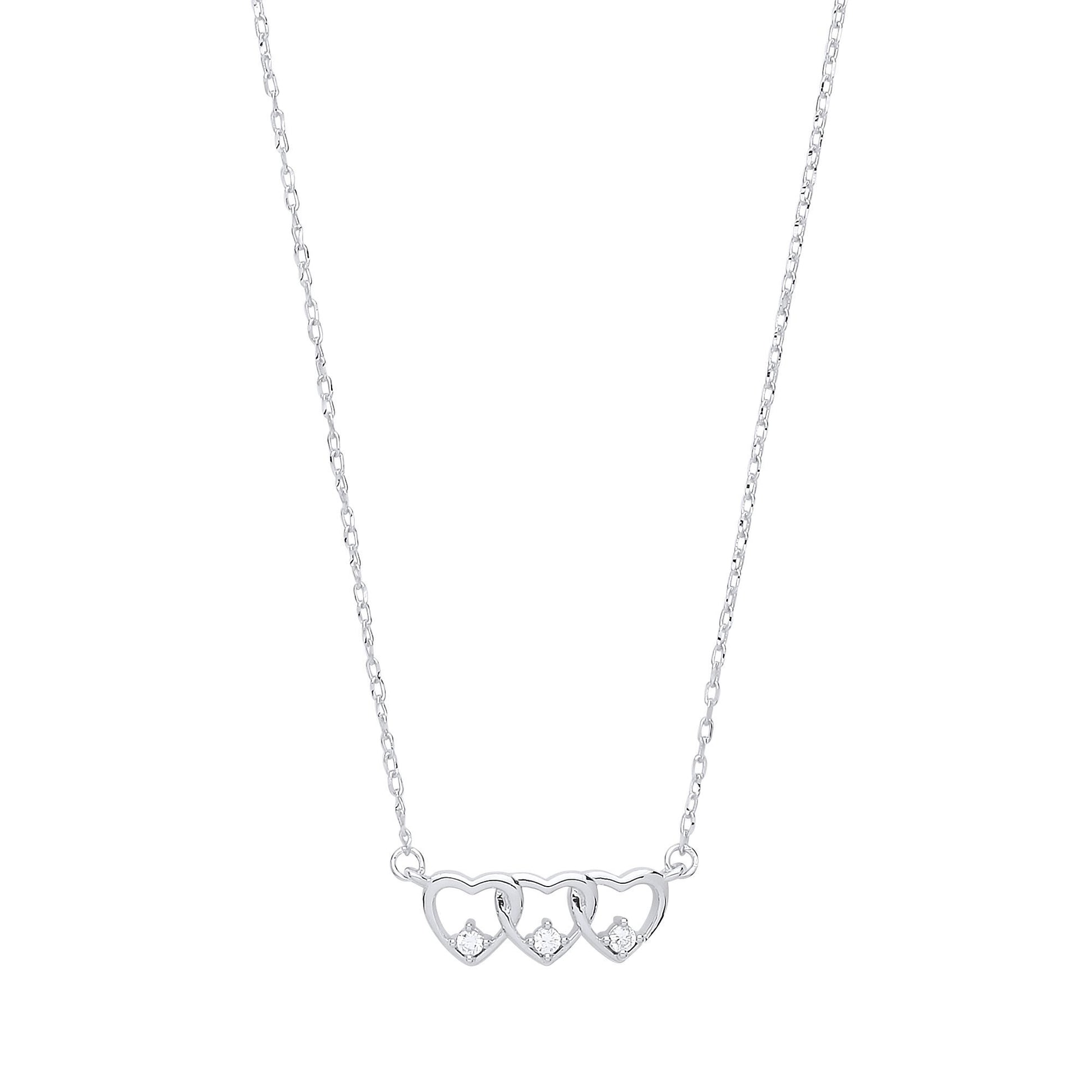 Silver  CZ Trilogy Love Hearts Charm Necklace - GVK312