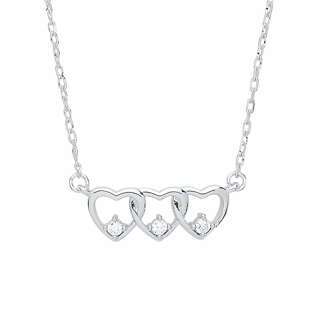Silver  CZ Trilogy Love Hearts Charm Necklace - GVK312