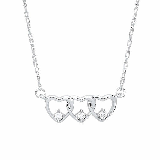 Silver  CZ Trilogy Love Hearts Charm Necklace - GVK312