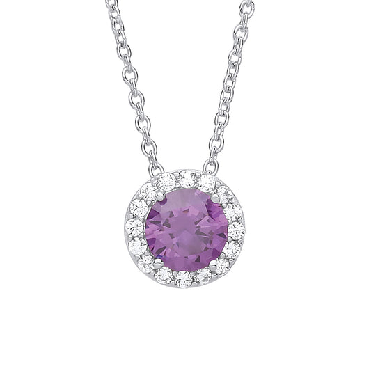 Silver  Purple CZ Solitaire Halo Charm Necklace 16 inch - GVK313