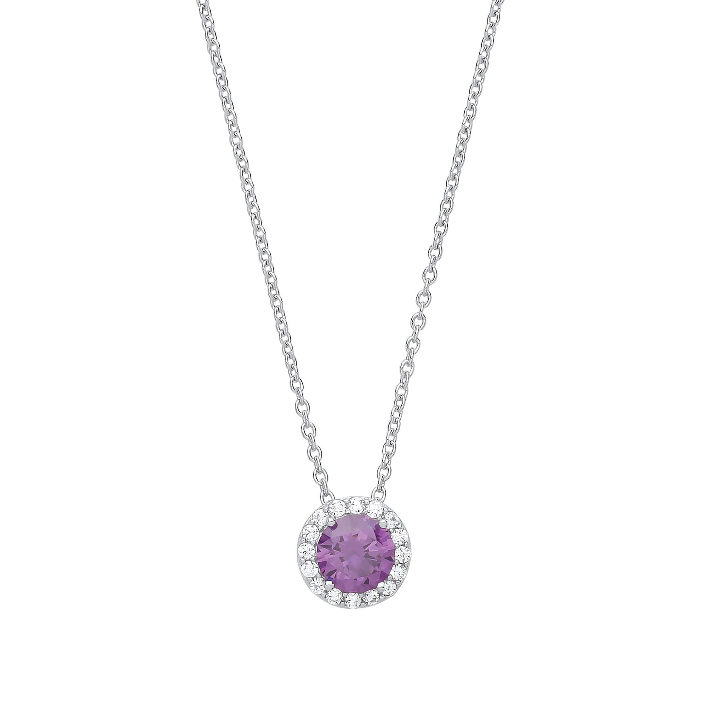 Silver  Purple CZ Solitaire Halo Charm Necklace 16 inch - GVK313