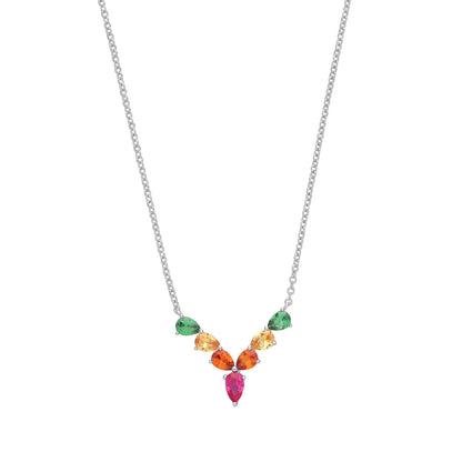 Silver  Multi Colour Pear CZ Rainbow Wishbone Eternity Necklace - GVK319