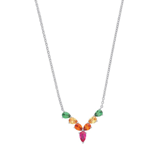 Silver  Multi Colour Pear CZ Rainbow Wishbone Eternity Necklace - GVK319