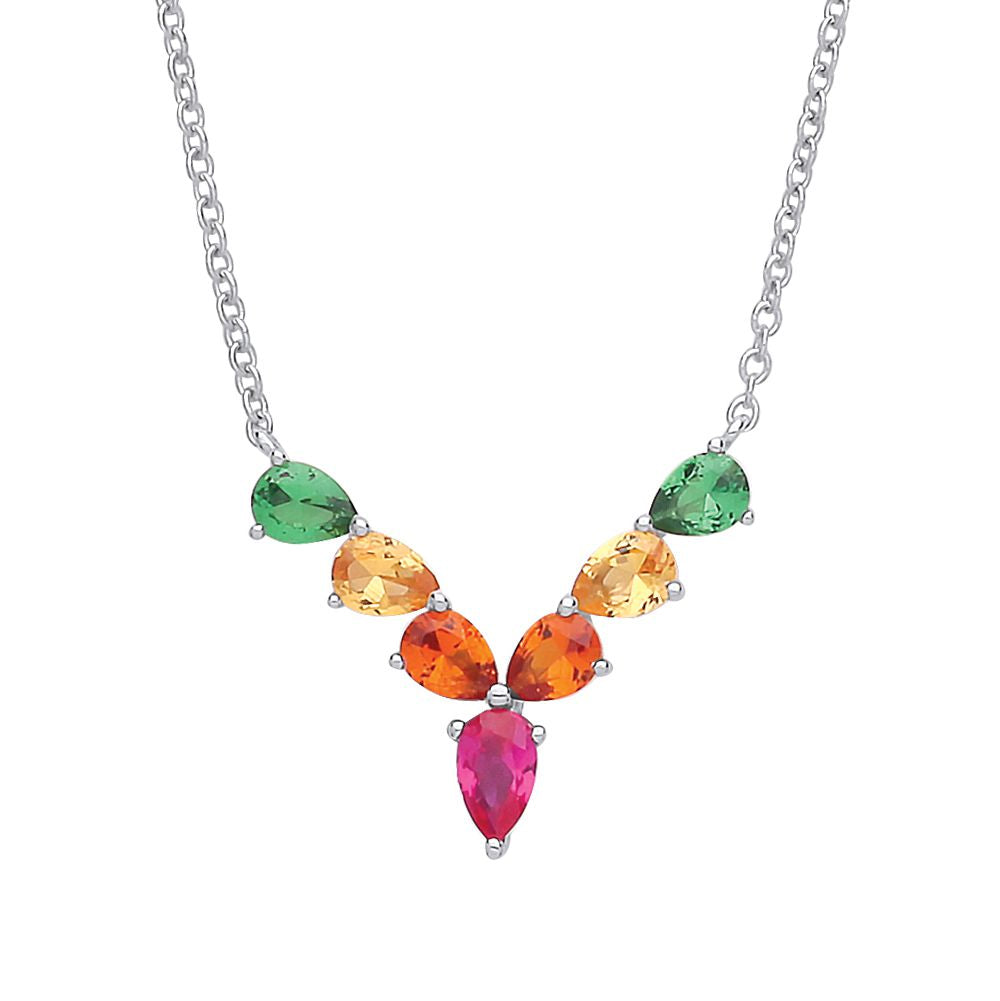 Silver  Multi Colour Pear CZ Rainbow Wishbone Eternity Necklace - GVK319