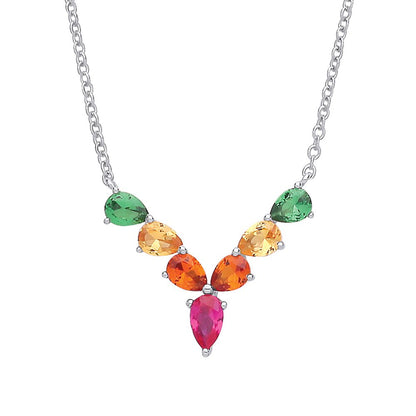 Silver  Multi Colour Pear CZ Rainbow Wishbone Eternity Necklace - GVK319