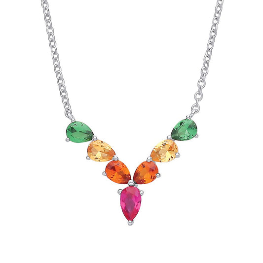 Silver  Multi Colour Pear CZ Rainbow Wishbone Eternity Necklace - GVK319