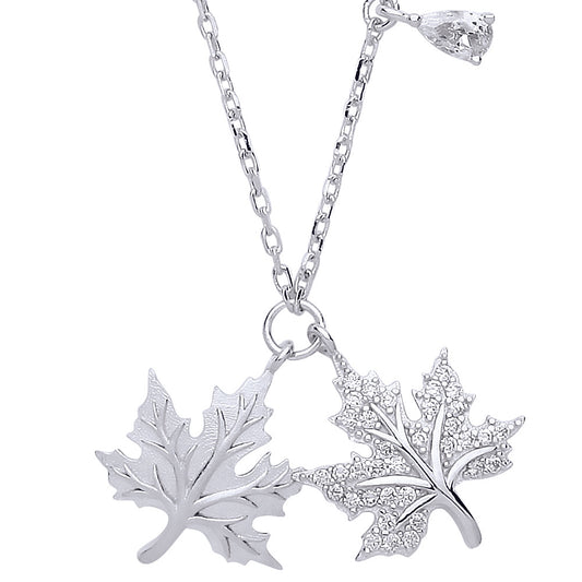 Silver  Pear CZ Canada Maple Leaf Charm Necklace - GVK320
