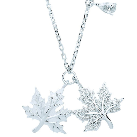 Silver Pear CZ Canada Maple Leaf Charm Necklace - GVK320