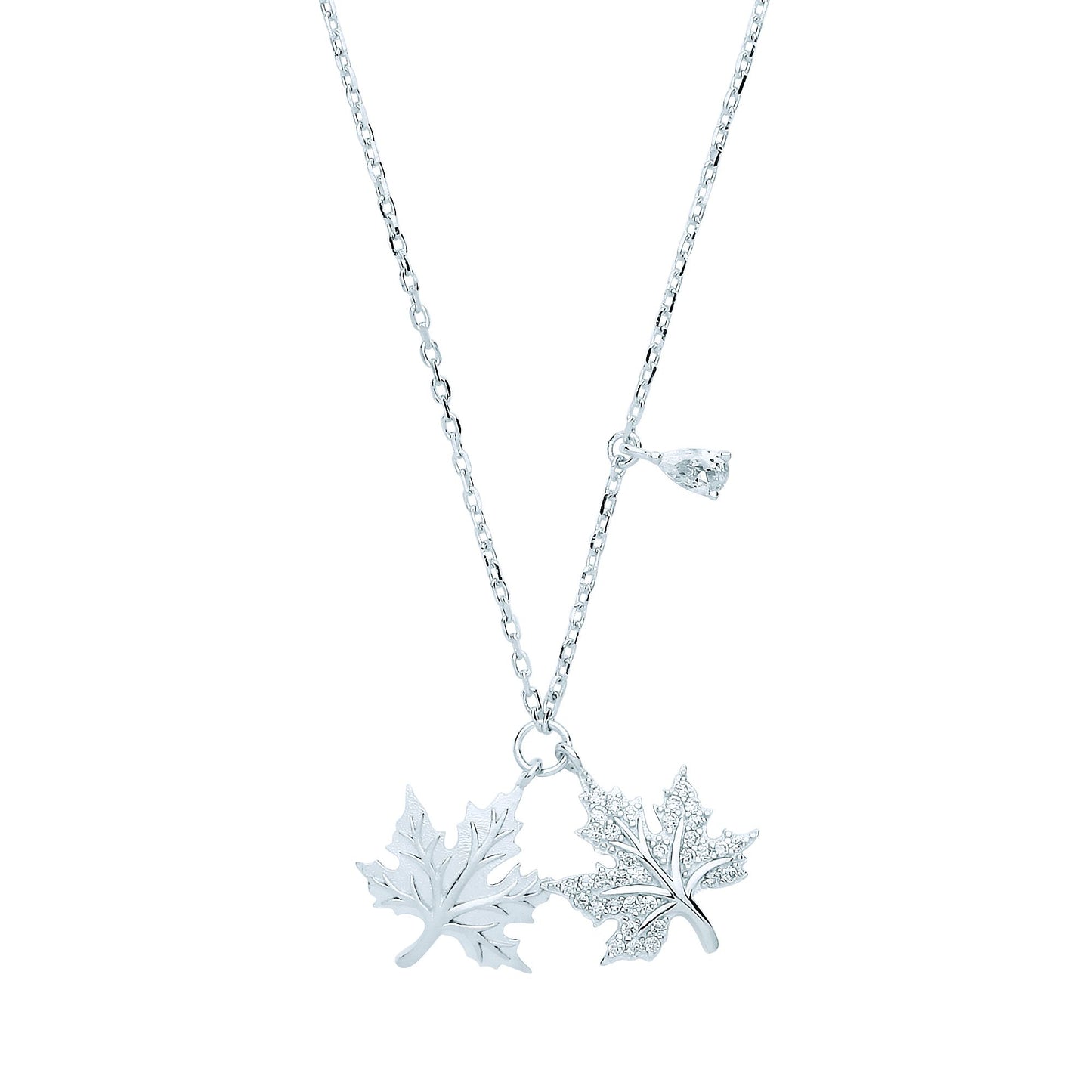 Silver  Pear CZ Canada Maple Leaf Charm Necklace - GVK320