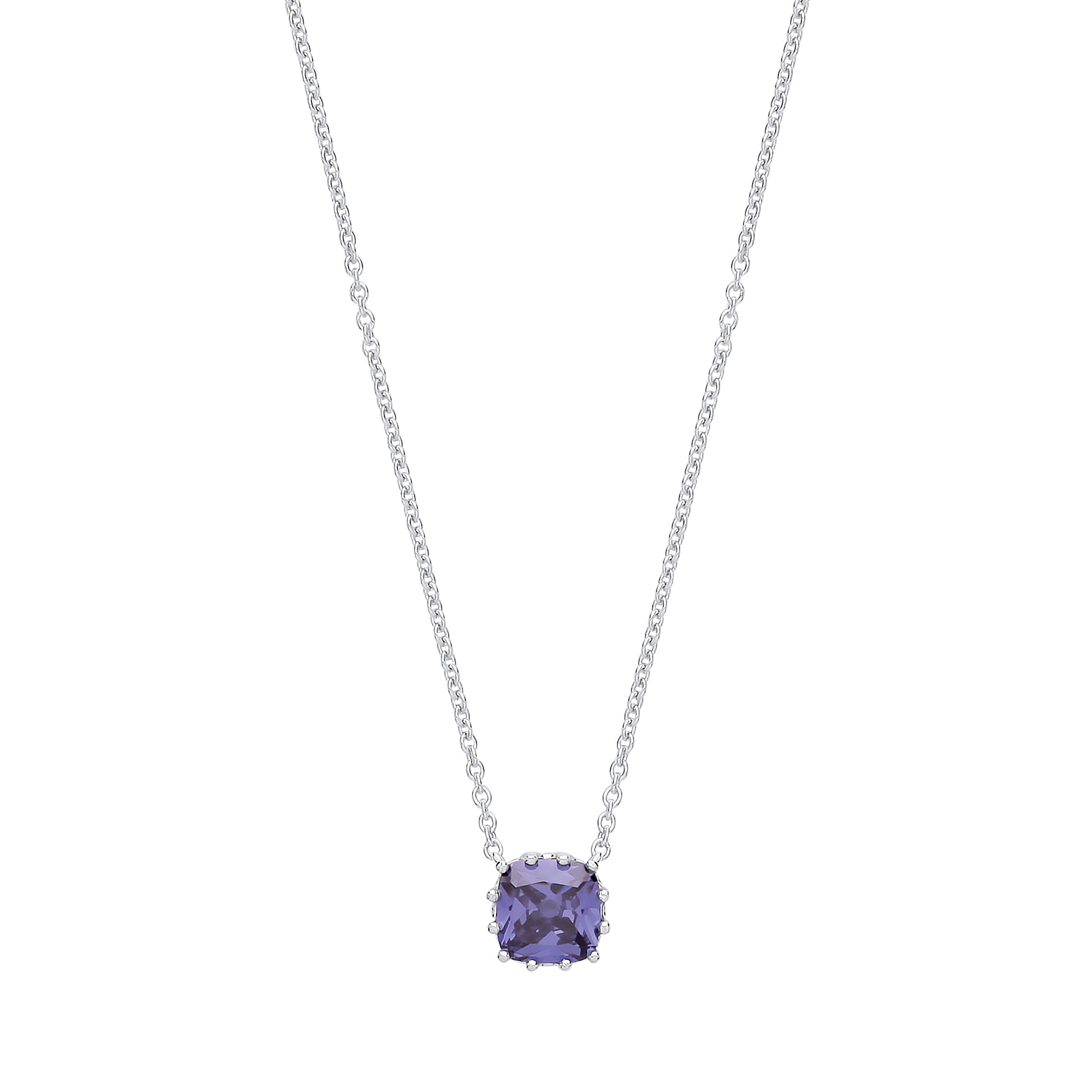 Silver  Purple Cushion Cut CZ 12 Claw Necklace - GVK321