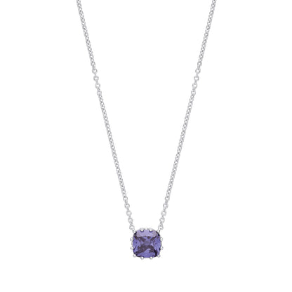 Silver  Purple Cushion Cut CZ 12 Claw Necklace - GVK321