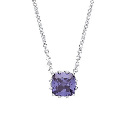 Silver  Purple Cushion Cut CZ 12 Claw Necklace - GVK321