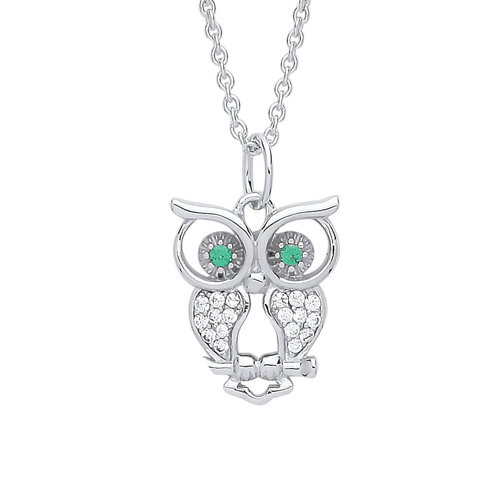 Silver  Green CZ Wise Owl Hoot Charm Necklace - GVK322