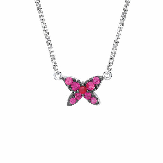 Silver  Pink CZ Mini Butterfly Charm Necklace - GVK324