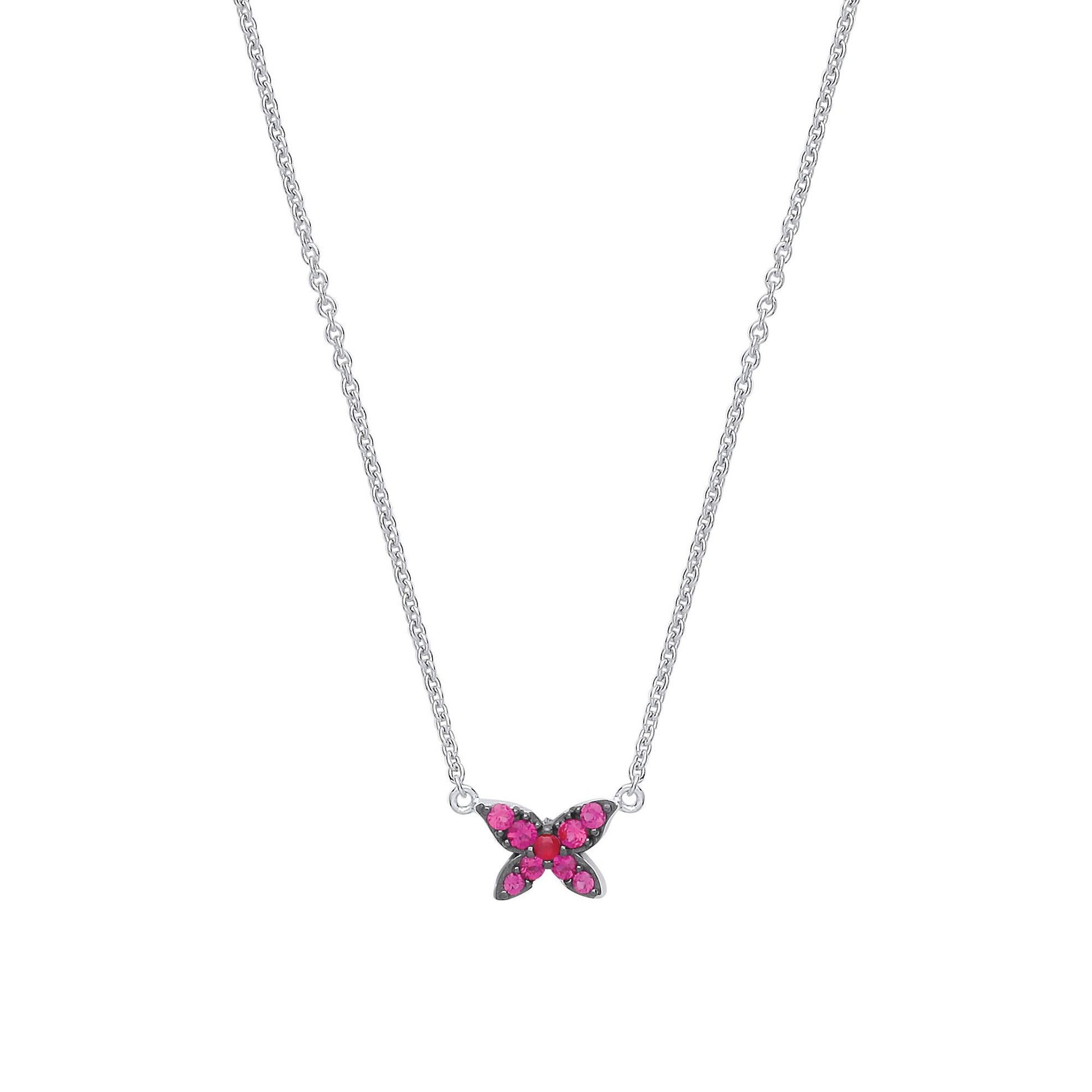 Silver  Pink CZ Mini Butterfly Charm Necklace - GVK324