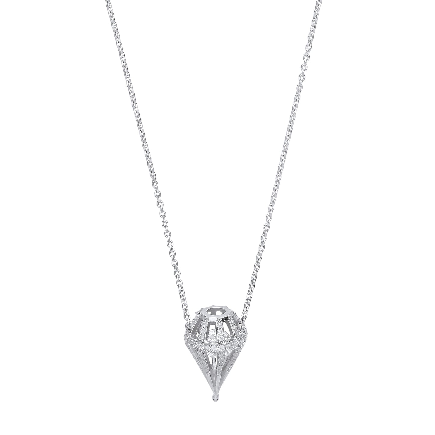 Silver  CZ 3D Dia-shaped Cage Charm Necklace - GVK326