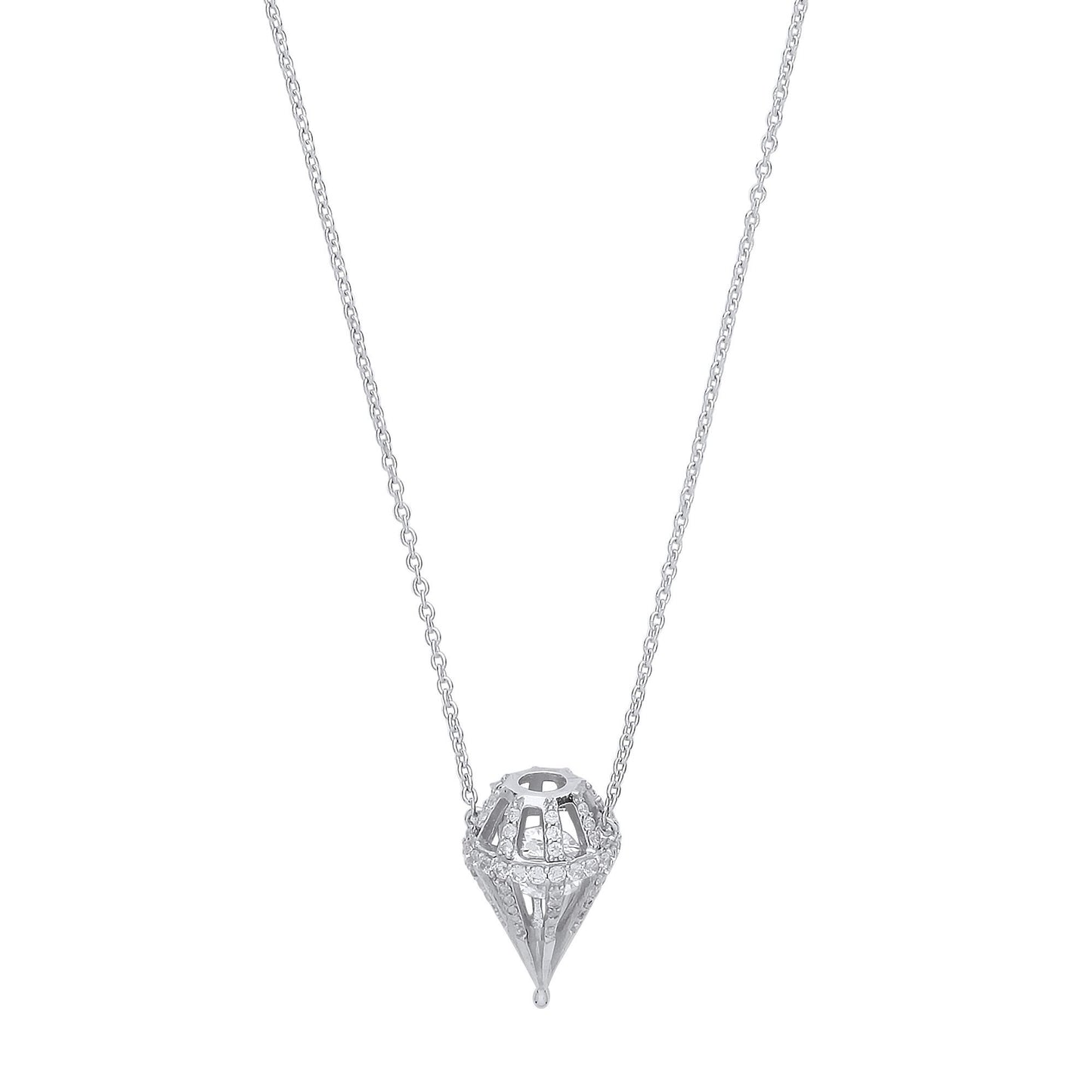 Silver  CZ 3D Dia-shaped Cage Charm Necklace - GVK326