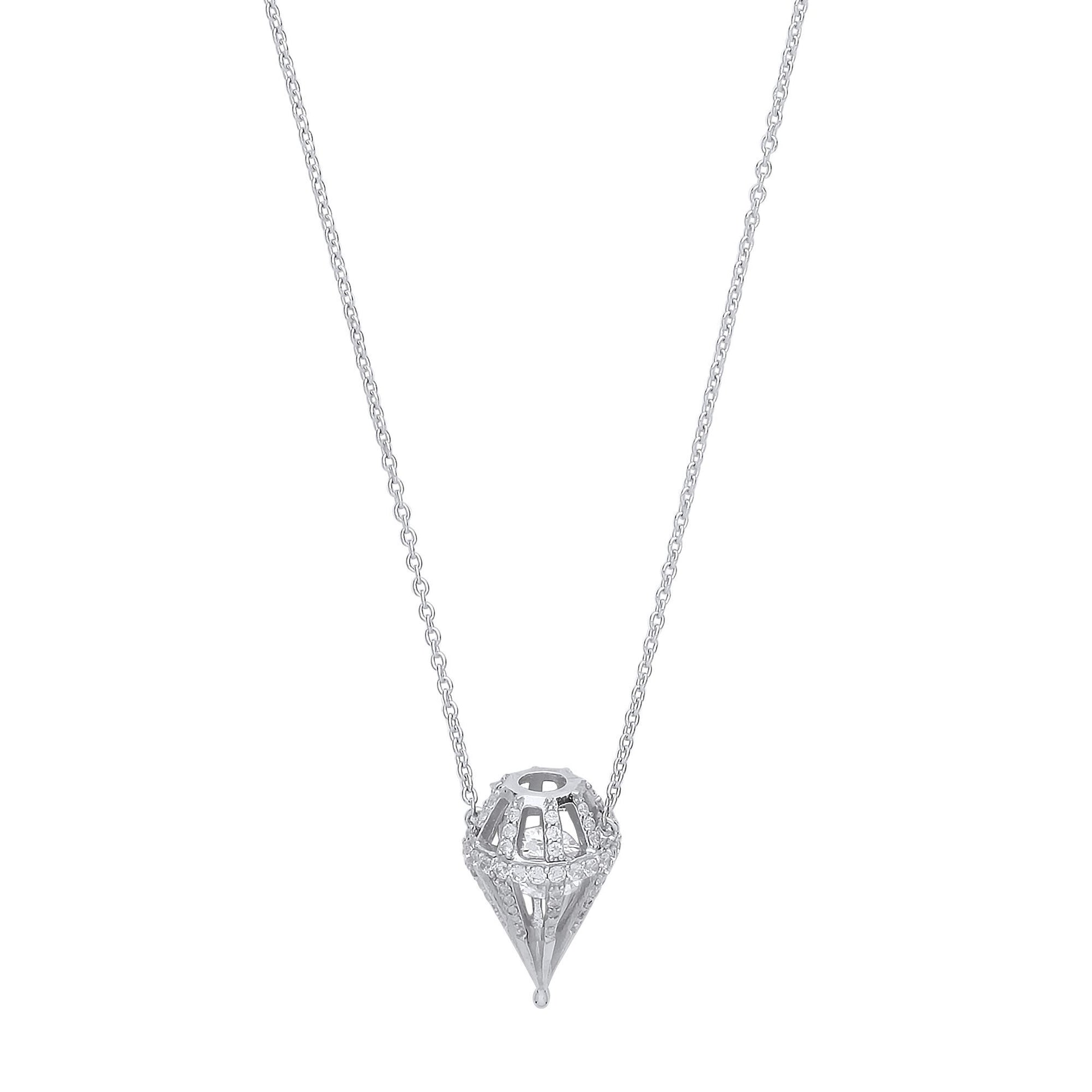 Silver  CZ 3D Dia-shaped Cage Charm Necklace - GVK326