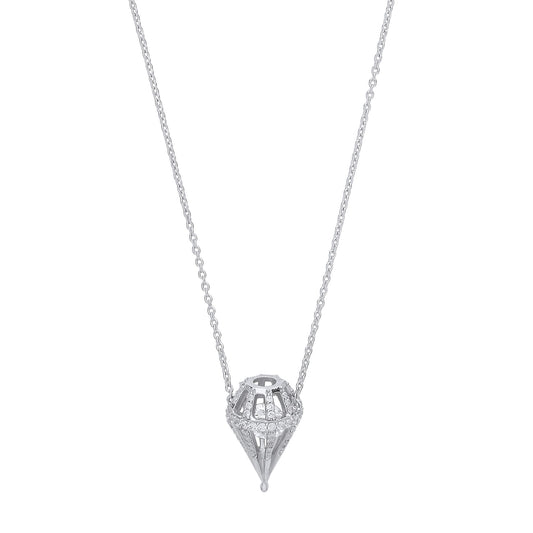 Silver  CZ 3D Dia-shaped Cage Charm Necklace - GVK326
