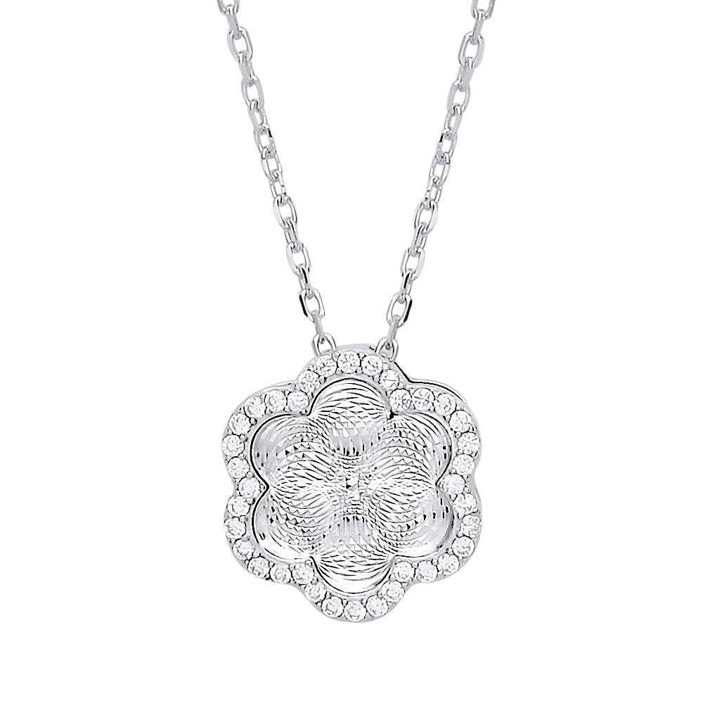 Silver  CZ Dia-cut Kaleidoscope Guilloché Charm Necklace - GVK327