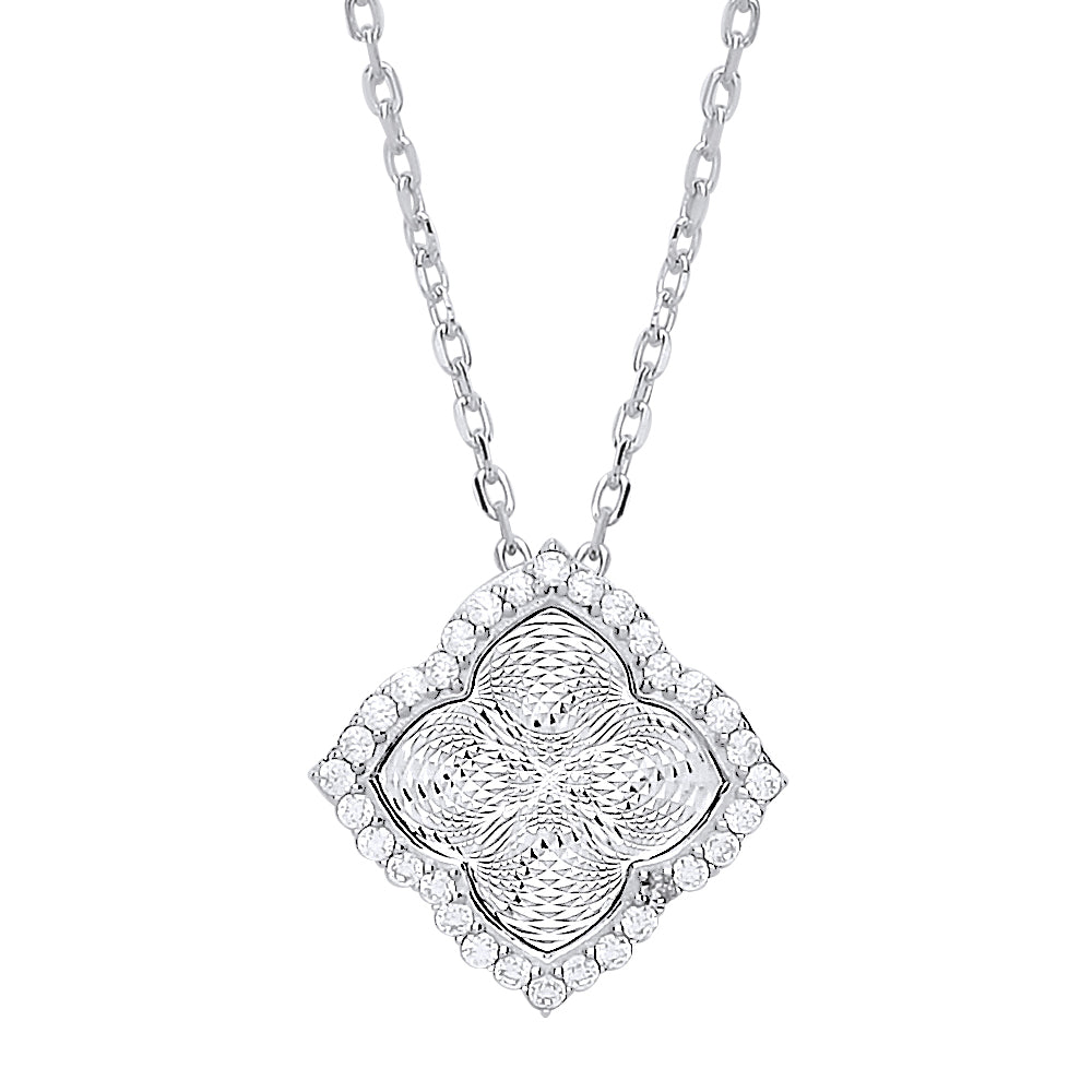 Silver  CZ Dia-cut Kaleidoscope Guilloché Charm Necklace - GVK328