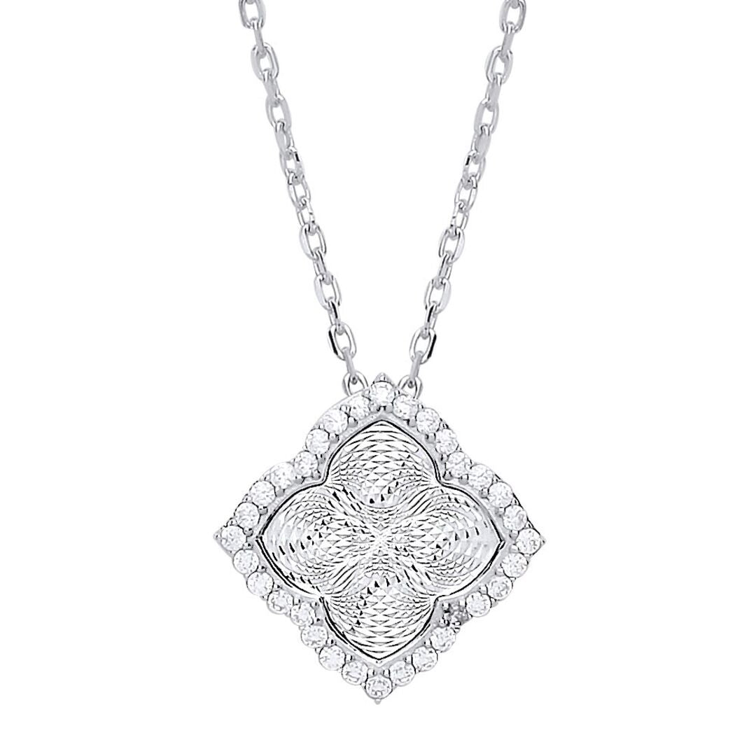 Silver  CZ Dia-cut Kaleidoscope Guilloché Charm Necklace - GVK328