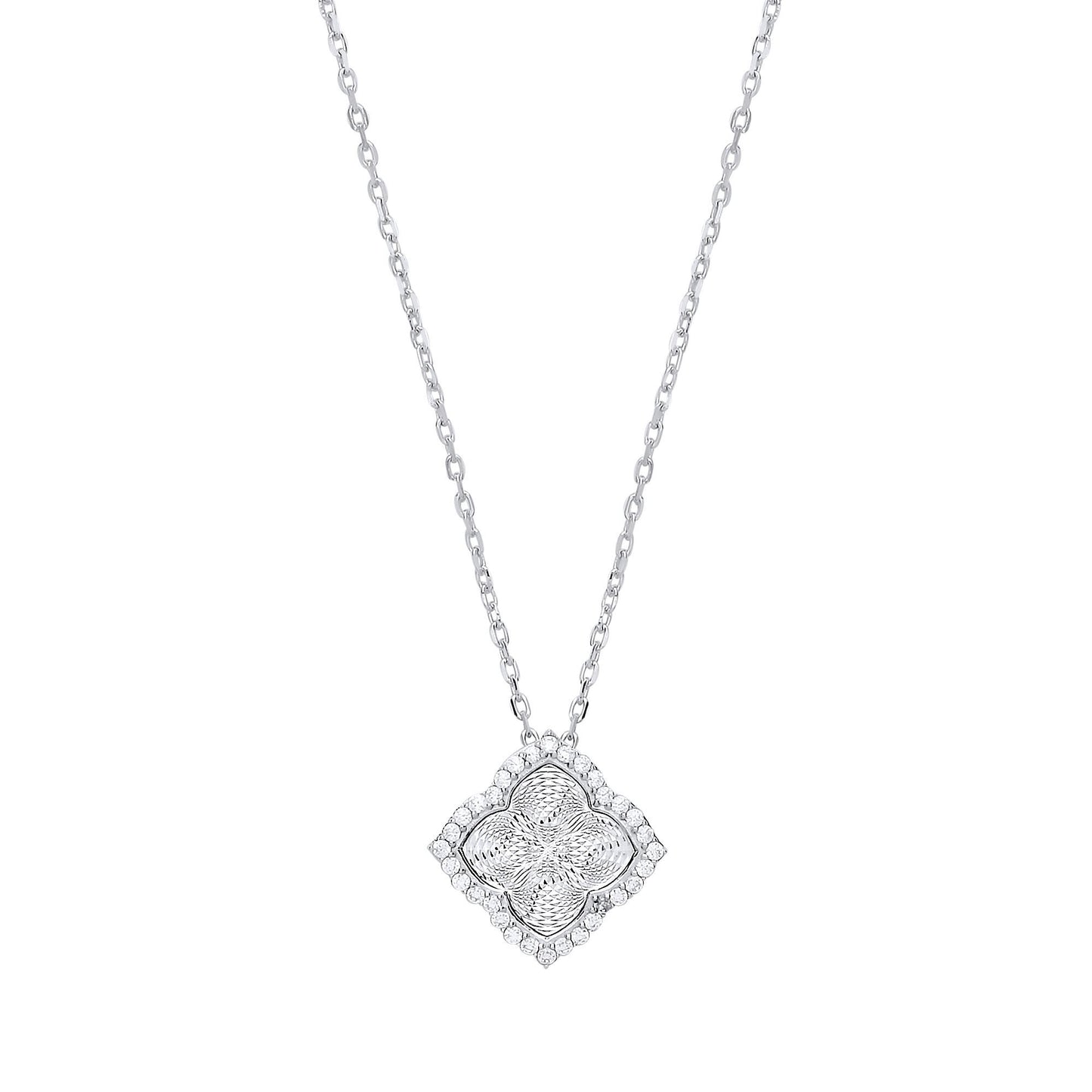 Silver  CZ Dia-cut Kaleidoscope Guilloché Charm Necklace - GVK328