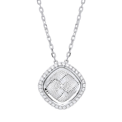 Silver  CZ Dia-cut Kaleidoscope Guilloché Charm Necklace - GVK329