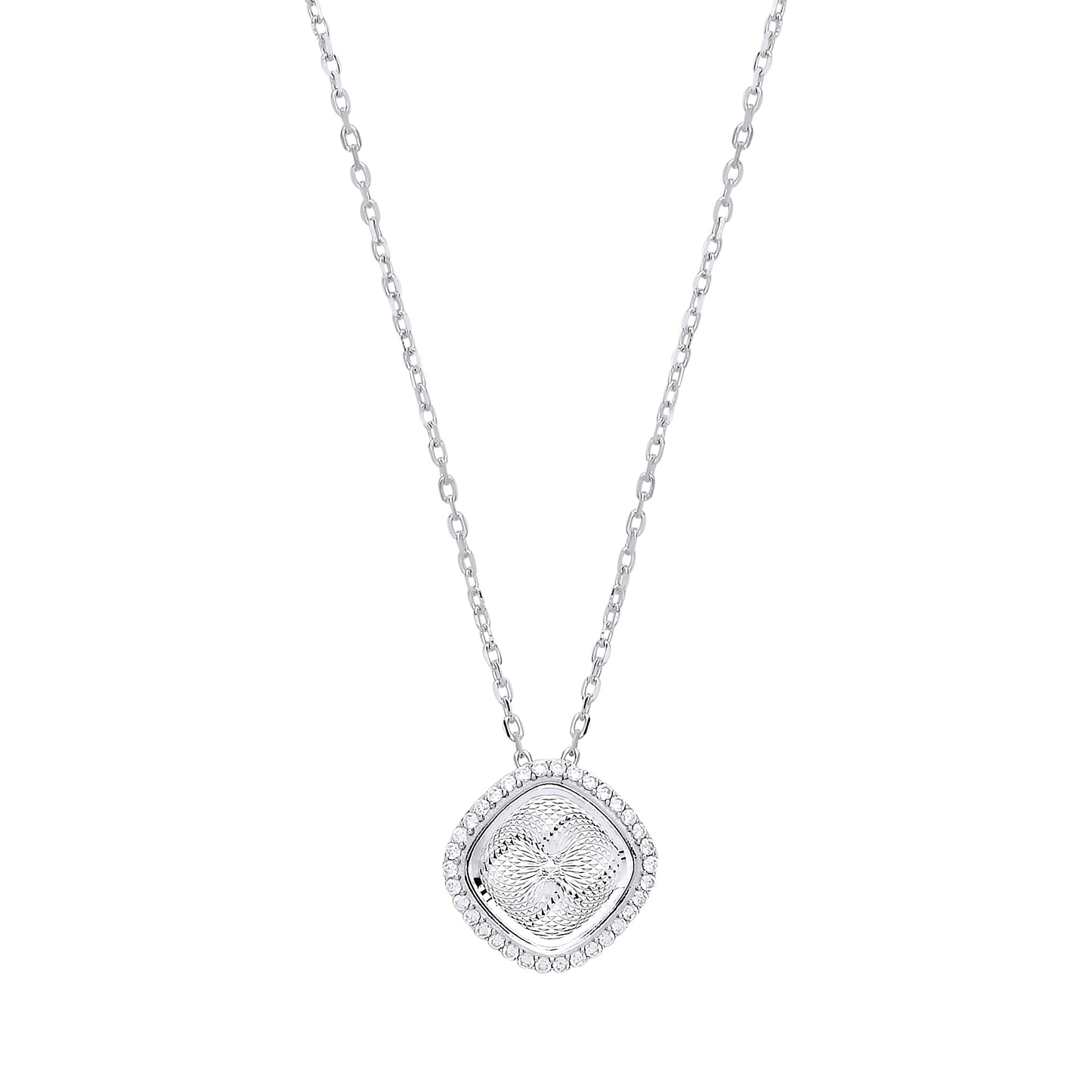 Silver  CZ Dia-cut Kaleidoscope Guilloché Charm Necklace - GVK329