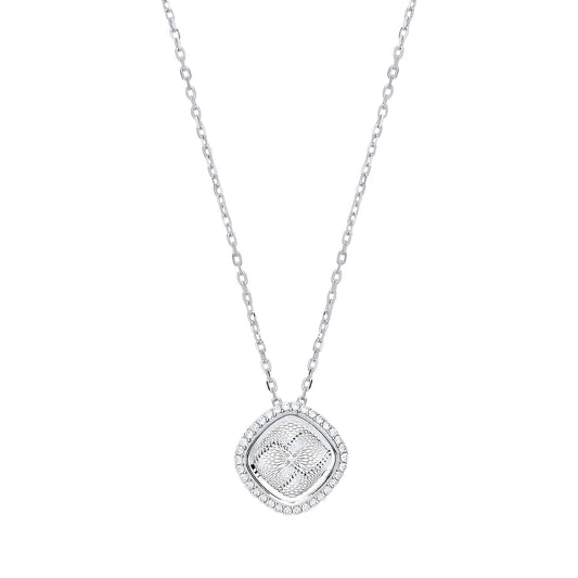 Silver  CZ Dia-cut Kaleidoscope Guilloché Charm Necklace - GVK329