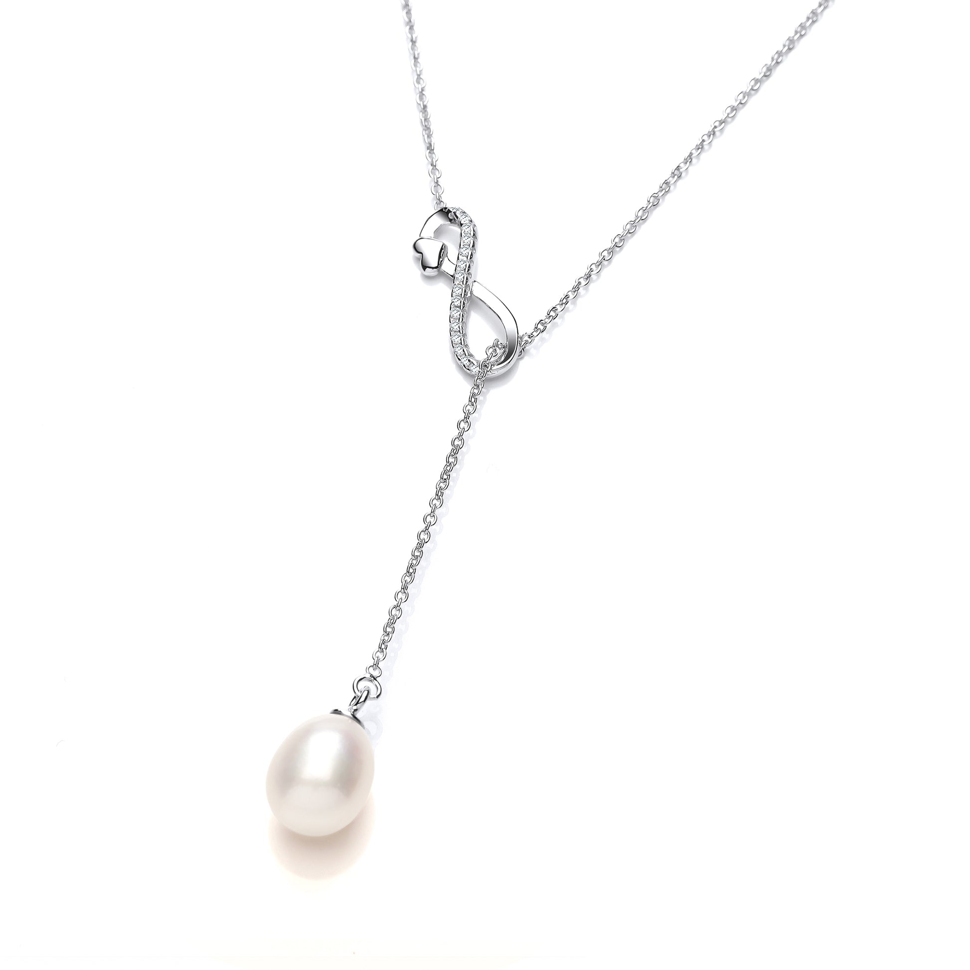 Silver  CZ Pearl Infinity Love Heart Lariat Necklace 9x11mm - GVK333