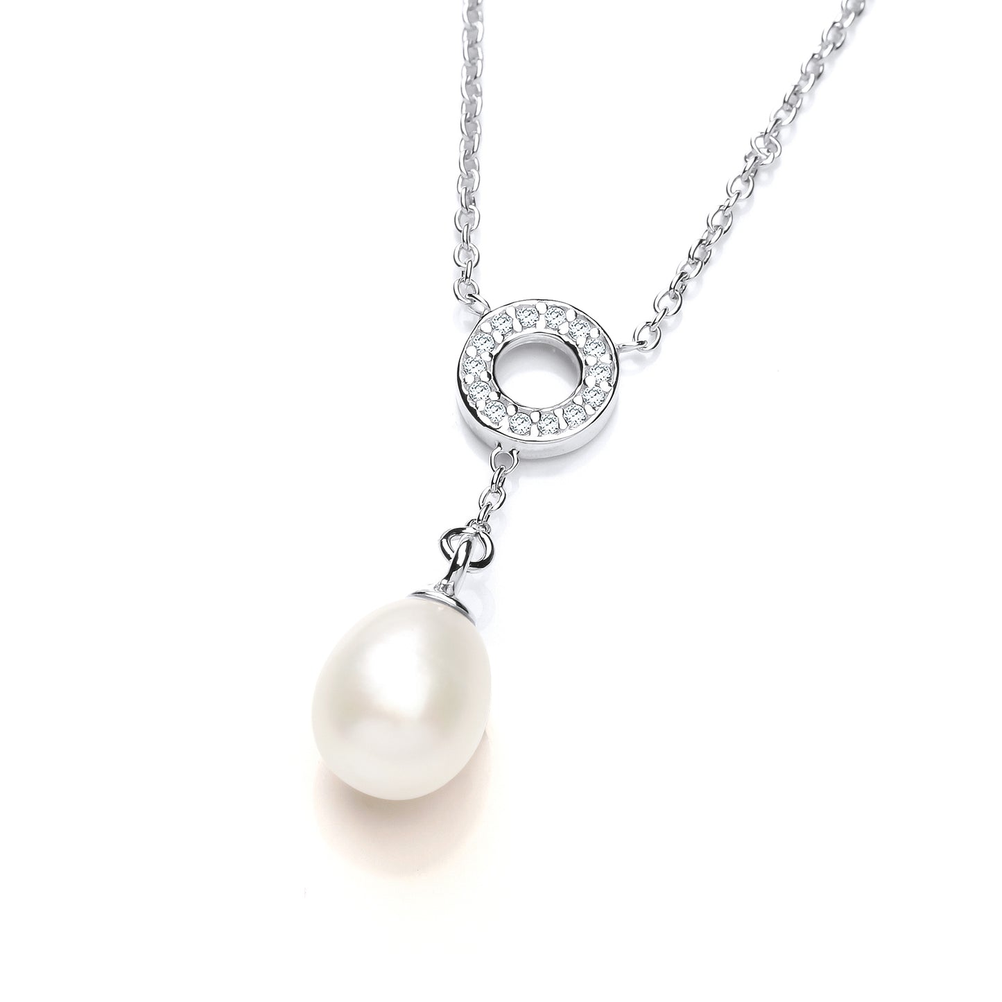 Silver  CZ Pearl Halo Chain Charm Necklace 7x9mm - GVK334