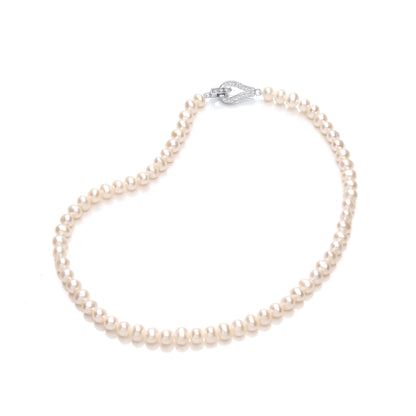 Silver  CZ Pearl Loop Clasp Bead Necklace 6-7mm 16 inch - GVK335