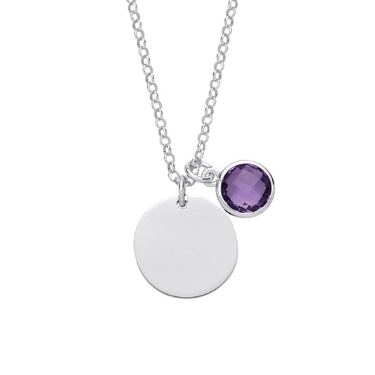 Silver  Purple CZ Birthstone Round Tag Necklace 16" 15mm - GVK338AM