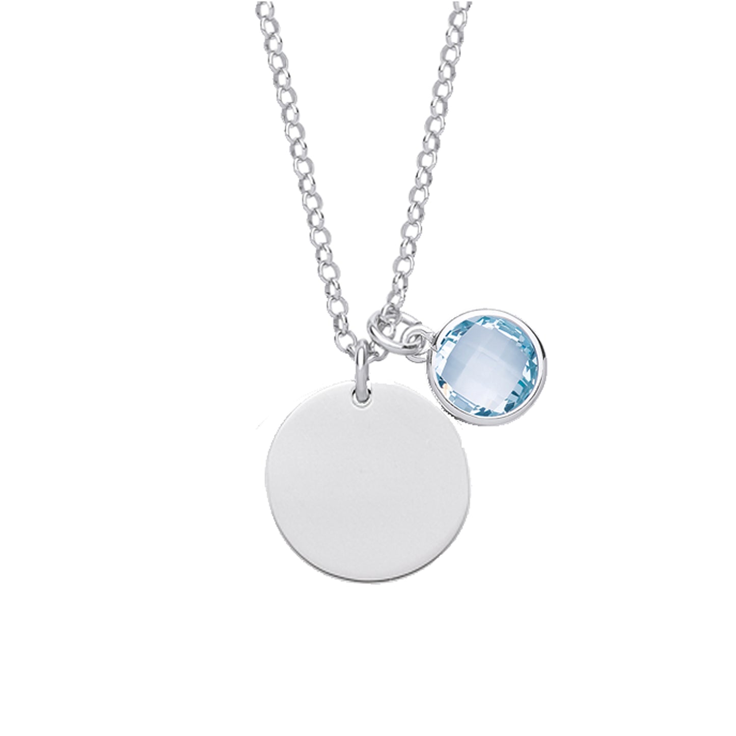 Silver  Light Blue CZ Birthstone Round Tag Necklace 16" 15mm - GVK338AQ