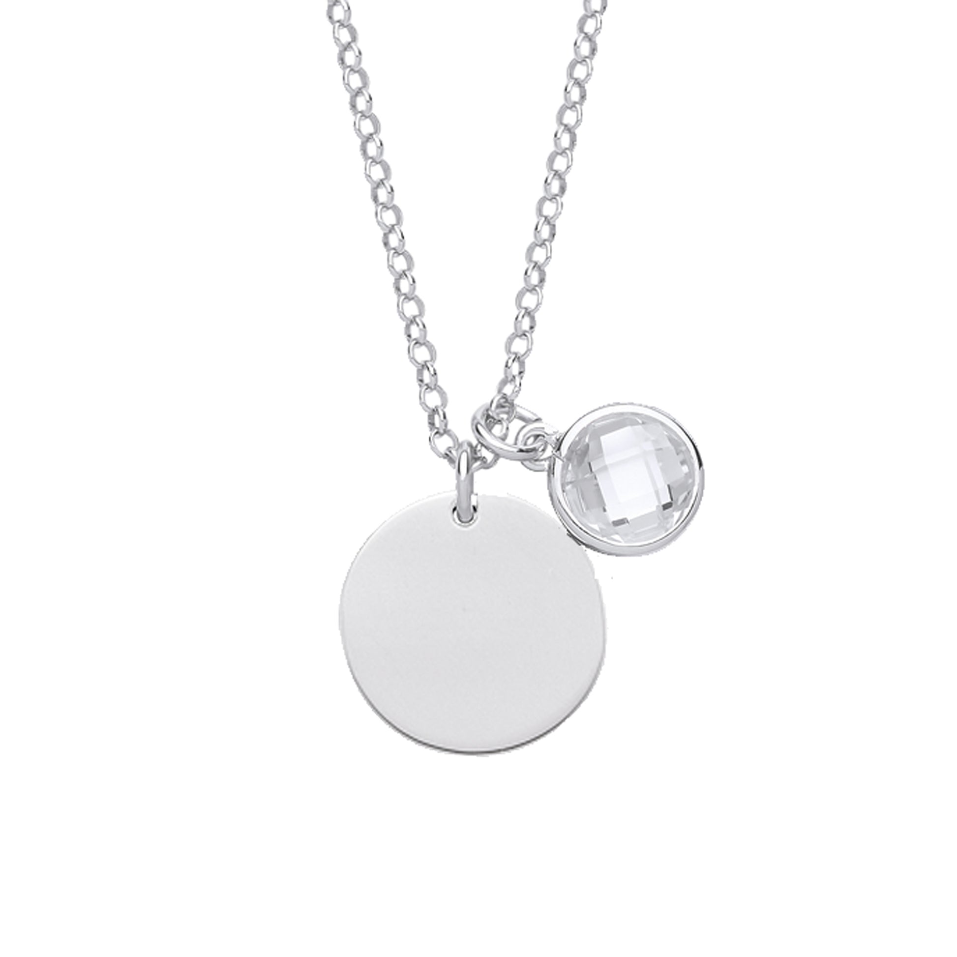 Silver  Checkerboard Button CZ April Birthstone Medallion Necklace - GVK338CRY