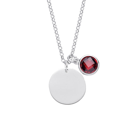 Silver  Scarlet Red Button CZ January Birthstone medal Necklace - GVK338GAR