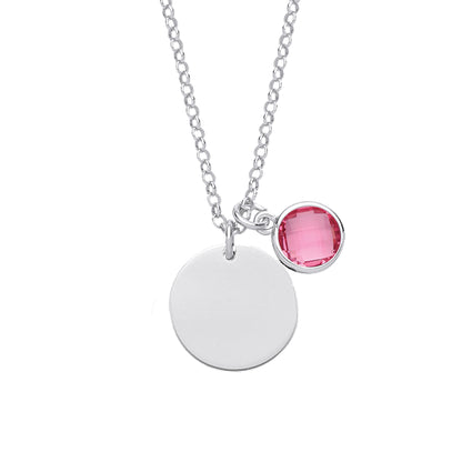 Silver  Pink Button CZ October Birthstone Medallion Necklace - GVK338PINK