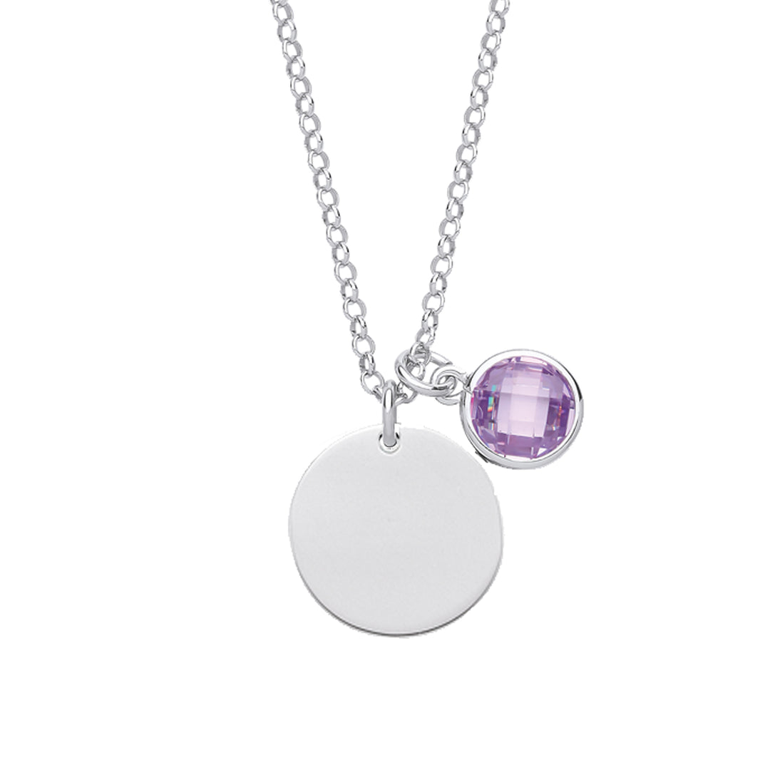 Silver  Lilac CZ Birthstone Round Tag Necklace 16" 15mm - GVK338VIO