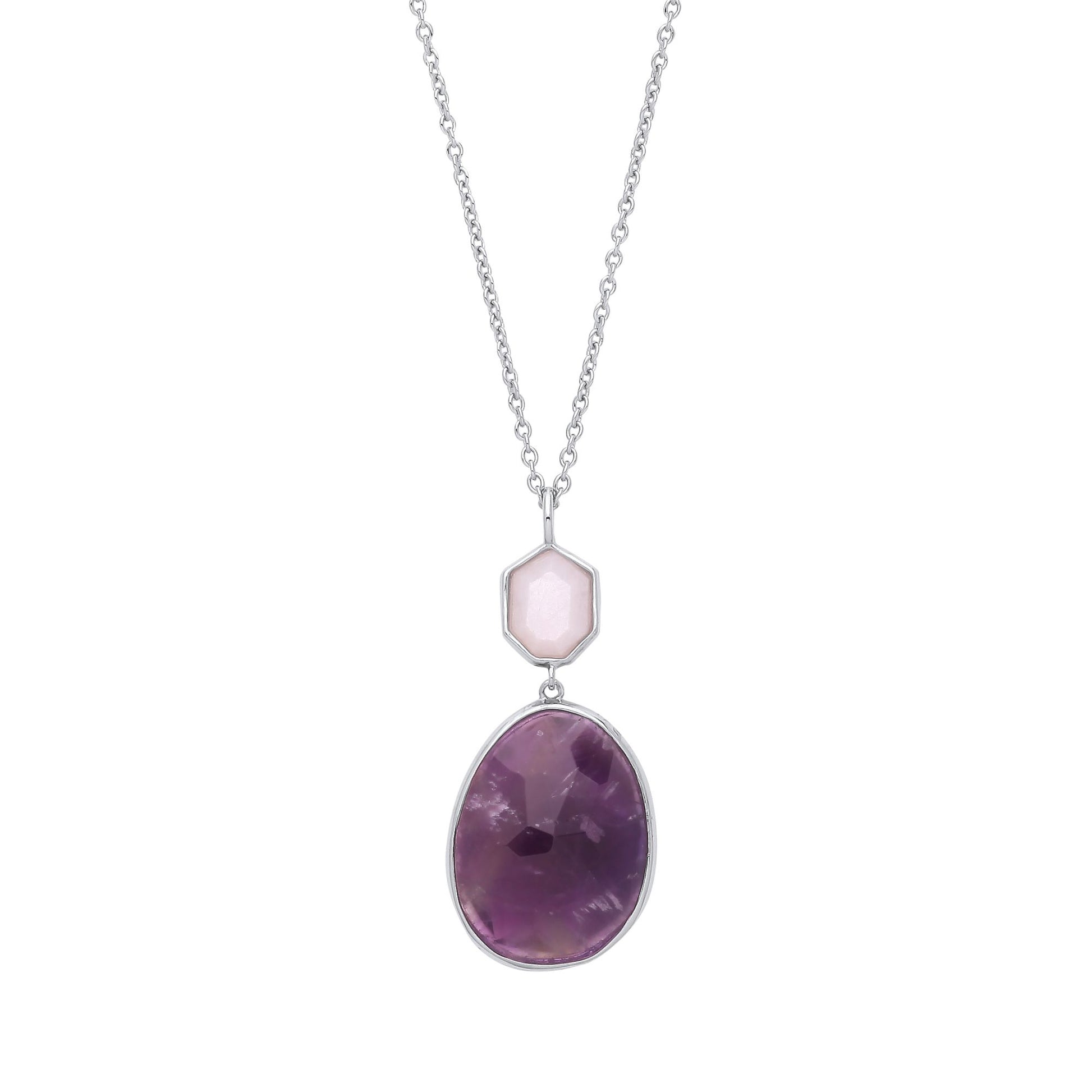 Silver  Purple Pink Pear Heptagon CZ MOP Toi et Moi Necklace 16" - GVK339