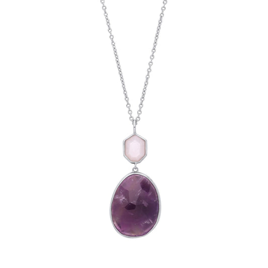 Silver  Purple Pink Pear Heptagon CZ MOP Toi et Moi Necklace 16" - GVK339