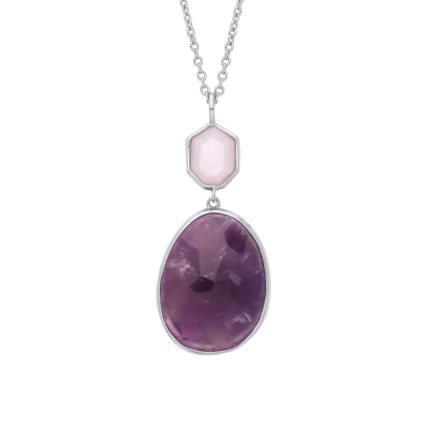 Silver  Purple Pink Pear Heptagon CZ MOP Toi et Moi Necklace 16" - GVK339