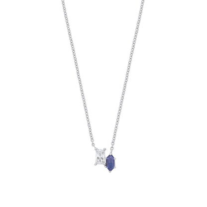 Silver  Blue Hexagon CZ Lavalier Toi et Moi Necklace 16 + 2" - GVK340