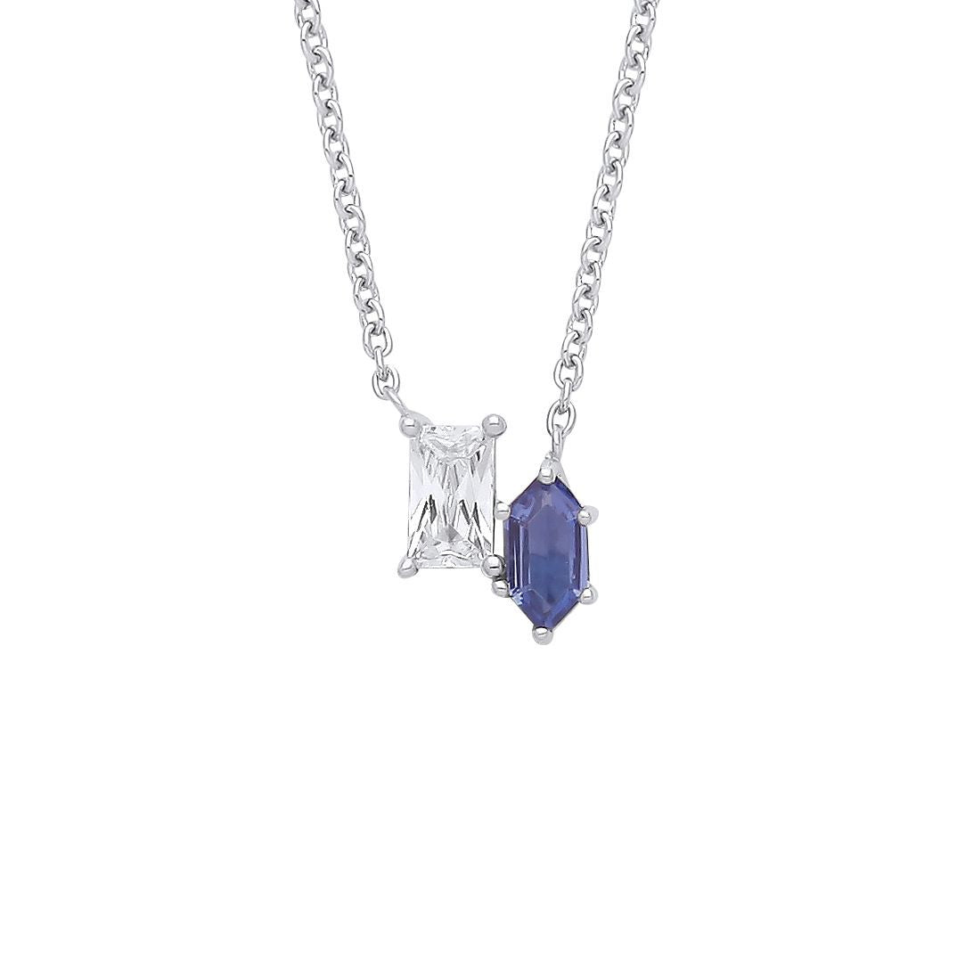 Silver  Blue Hexagon CZ Lavalier Toi et Moi Necklace 16 + 2" - GVK340