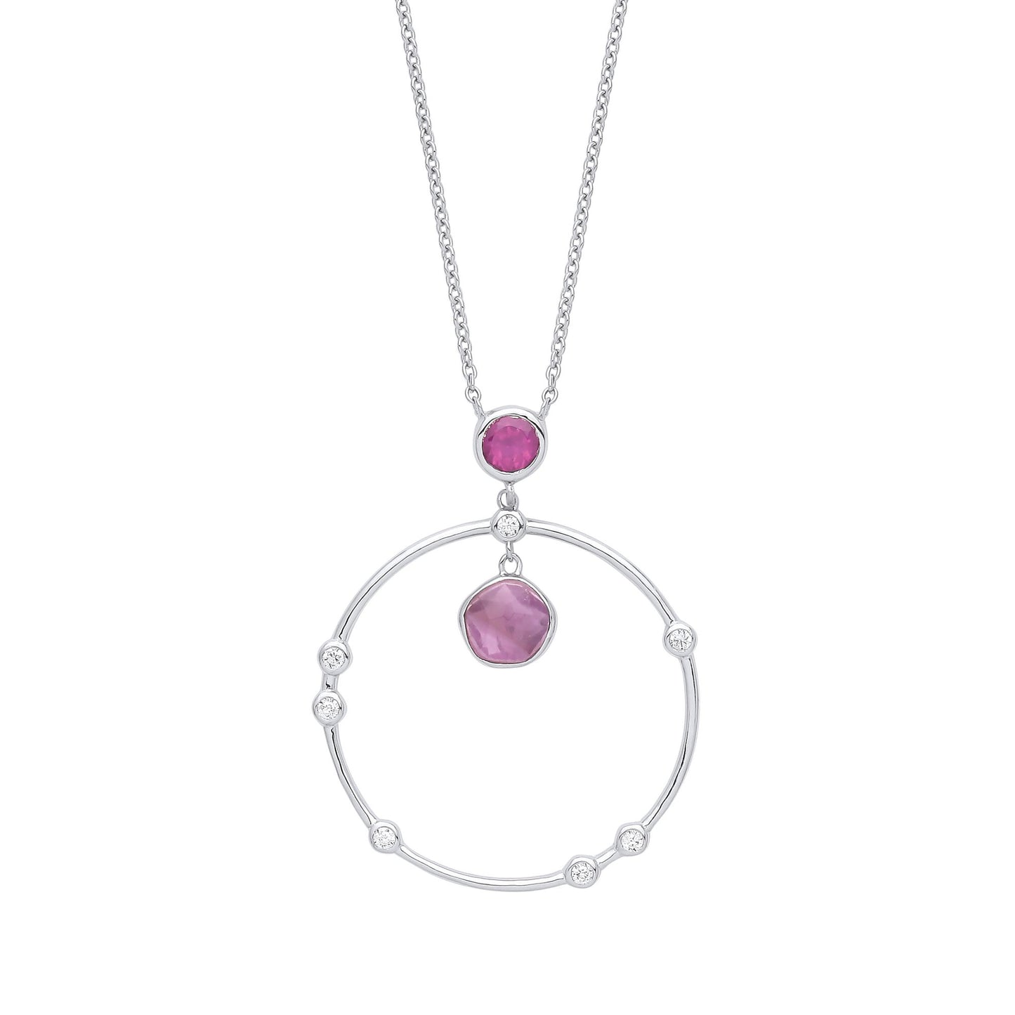 Silver  Lilac Hot Pink Amethyst CZ Pendulum Orbit Necklace 16" - GVK343