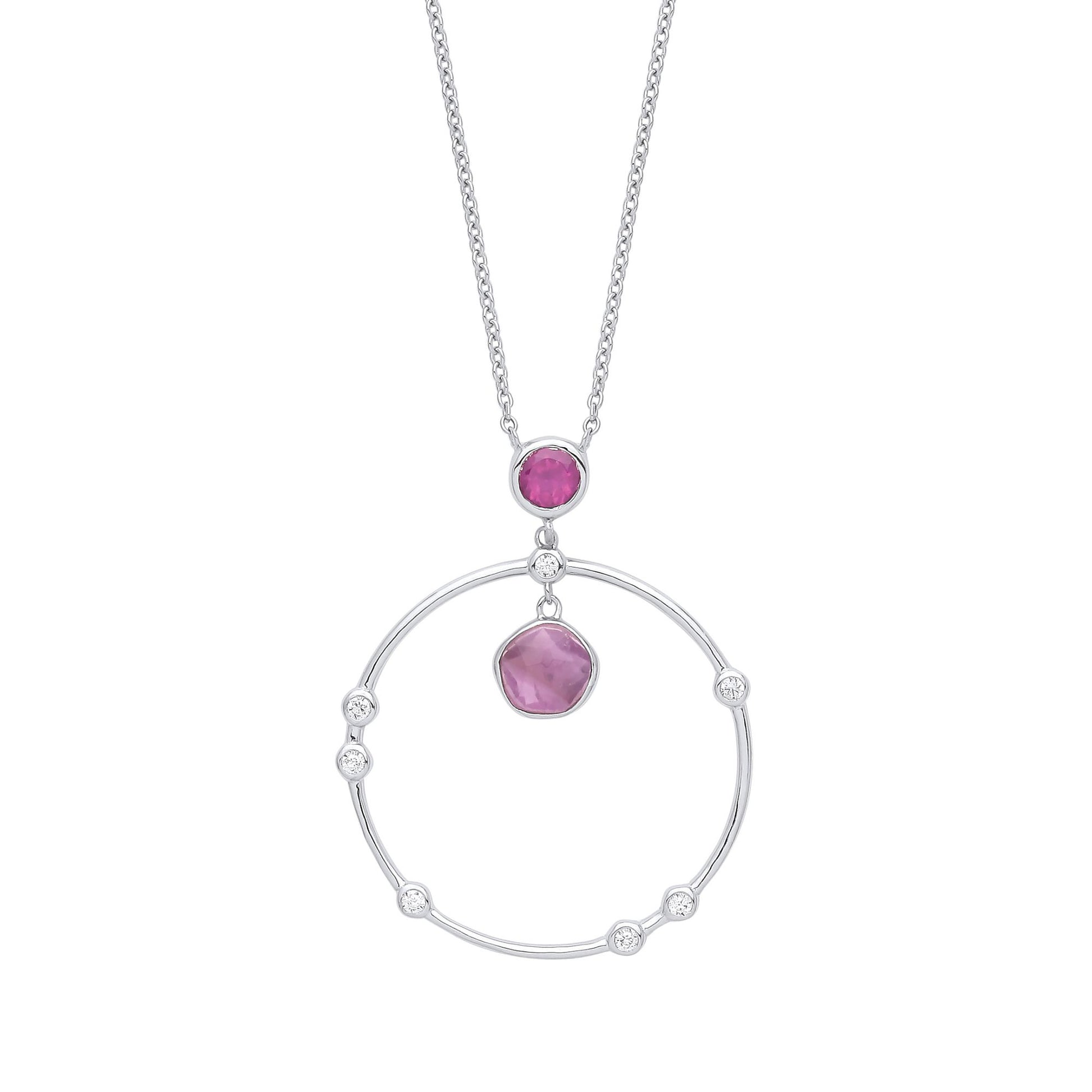Silver  Lilac Hot Pink Amethyst CZ Pendulum Orbit Necklace 16" - GVK343