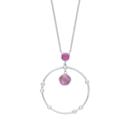 Silver  Lilac Hot Pink Amethyst CZ Pendulum Orbit Necklace 16" - GVK343