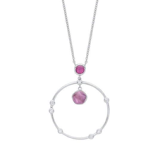 Silver  Lilac Hot Pink Amethyst CZ Pendulum Orbit Necklace 16" - GVK343