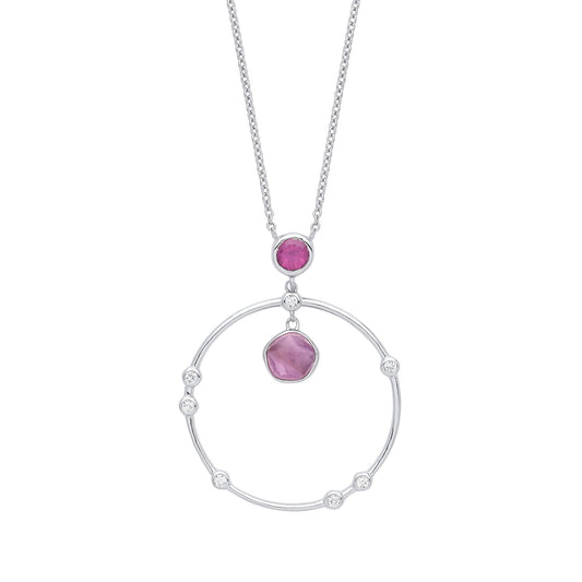 Silver  Lilac Hot Pink Amethyst CZ Pendulum Orbit Necklace 16" - GVK343