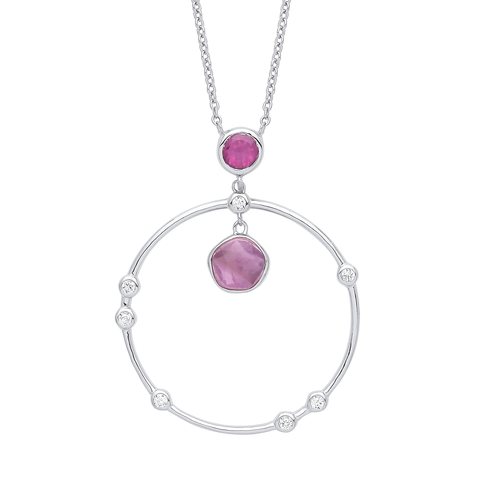 Silver  Lilac Hot Pink Amethyst CZ Pendulum Orbit Necklace 16" - GVK343